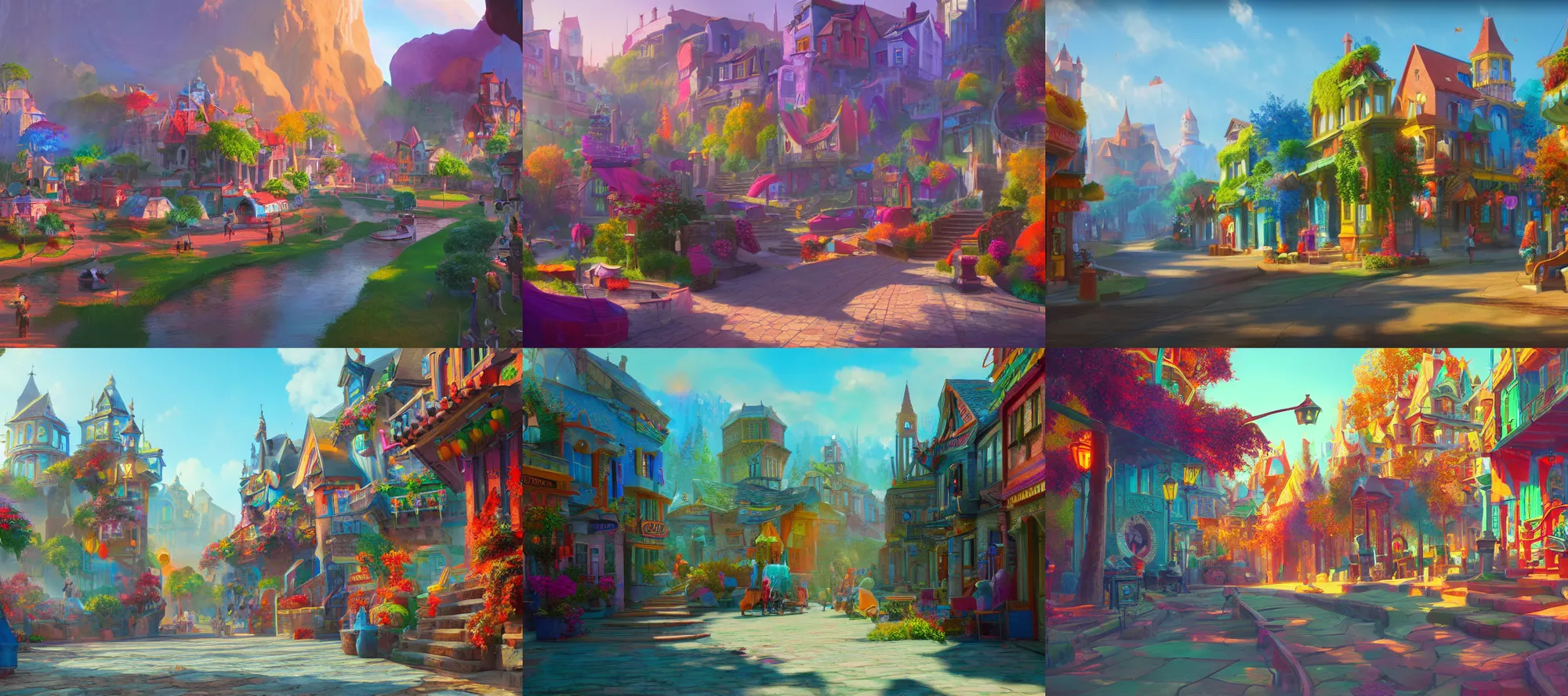 Prompt: a painting of a fantasy town, vibrant colors, daylight, cinematic, unreal engine render, trending on artstation