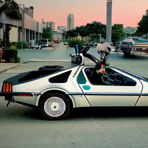 Prompt: michael jackson driving a delorean in a mid century modern style city during a green sunset