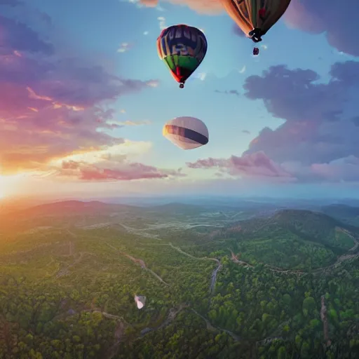 Image similar to panoramic picture taken with a wide angle lens from the top of a high mountain. hundreds of brightly coloured hot air balloons are floating in the sky. picture taken at sunset. simon stalenhag style, extremely detailed scenic, impressive lighting