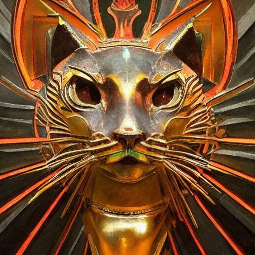 Image similar to masterpiece sculpture of an ornate bejeweled mechanical cat head, by annie swynnerton and diego rivera and nicholas roerich and jean delville, symbolist, dramatic lighting, god rays, elaborate geometric ornament, art brut, rich colors, smooth, sharp focus, extremely detailed, adolf wolfli and ( donato giancola )