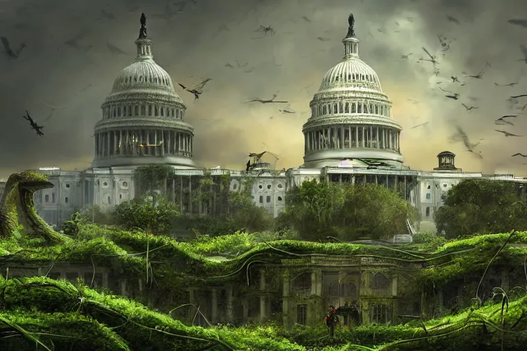 Image similar to an epic landscape view of vines and moss growing on the us capitol building, jungle, with pterosaurs flying, close - up, low angle, wide angle, atmospheric, volumetric lighting, cinematic, very realistic, sharp, highly detailed digital art, painted by tyler edlin