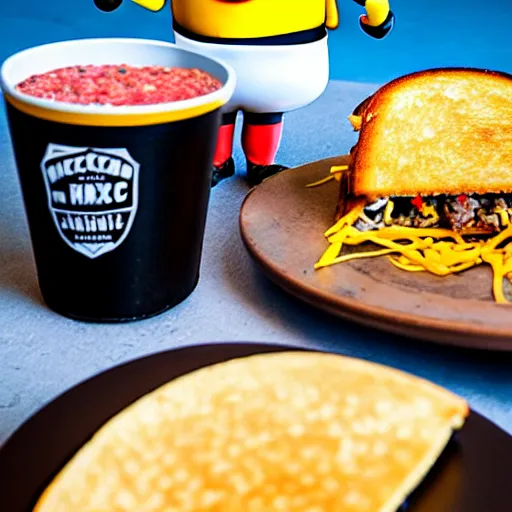 Prompt: taco and grilled cheese in an epic boxing match being spectated by minions, hyperre