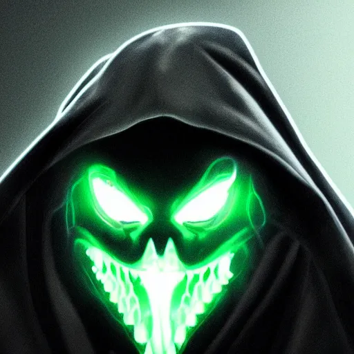 Image similar to award - winning. trending on artstation. 4 k. eerie tone. a shadowy figure wearing a green hooded cape with many blue glowing eyes on its face and an open maw on its chest.