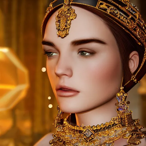 Image similar to portrait of pretty princess with perfect skin, glowing, ornate and intricate diamond jewelry, jaw dropping beauty, ornate and intricate backdrop, white accent lighting, hyper detailed, 4 k octane render