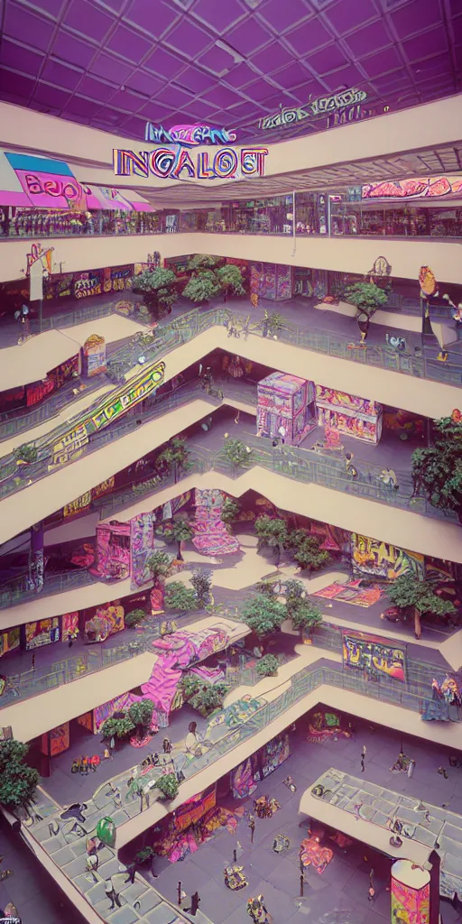 Image similar to huge sprawling gargantuan angular dimension of infinite indoor landscape 8 0 s mall interior. surrealism, mallsoft, vaporwave. muted colors, 8 0 s pop culture, food court, shot from above, endless, never - ending epic scale by escher and ricardo bofill