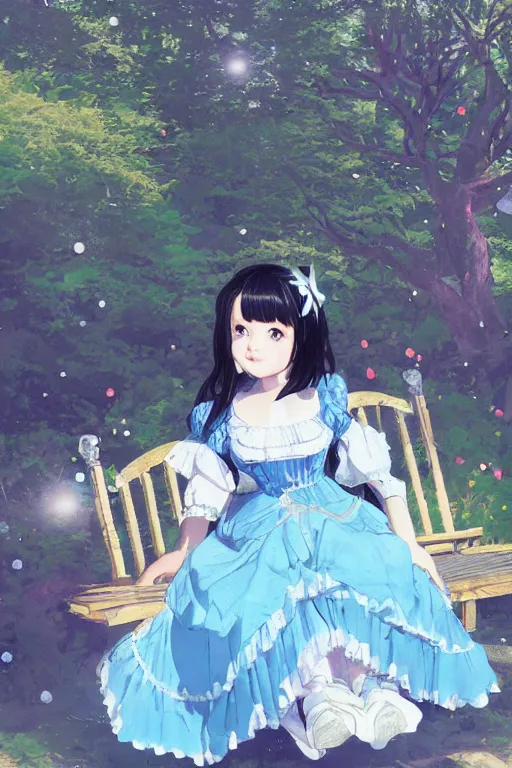 Image similar to a beautiful hyperdetailed portrait render of black - haired little girl in a blue lolita dress with stars and petticoat sitting on a bench in a botanical garden, atmospheric lighting, style of makoto shinkai, raphael lacoste