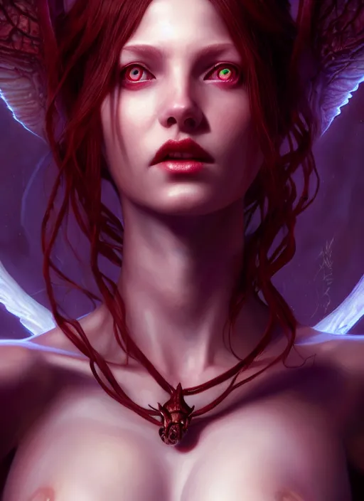 Image similar to ! dream 3 / 4 view of a portrait of lilith from diablo, evangelion, au naturel, hyper detailed, digital art, trending in artstation, cinematic lighting, studio quality, smooth render, frostbite 3 engine rendered, art style by klimt and nixeu and ian sprigger and wlop and krenz cushart