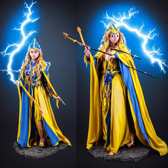 Image similar to photograph of a real - life beautiful elemental lightning witch with ornate yellow and blue robes and staff. extremely detailed. 8 k