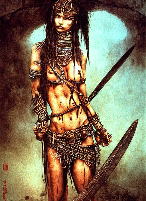 Image similar to barbarian warrior girl in tribal painting by Beksinski and Luis Royo