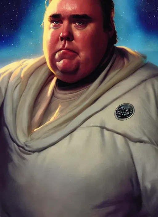 Image similar to hyper realistic, zoomed out portrait of john candy in star wars as leia, stoned, by greg rutkowski, scott m fischer, artgerm, loish, slight glow, atmospheric, anne stokes, alexandros pyromallis