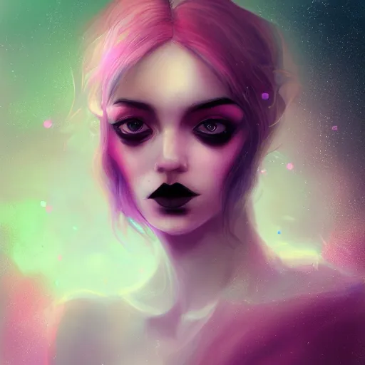 Image similar to portrait of a woman inspired by lois van baarle, charlie bowater, anna dittmann, illustration, iridescent, iridescent hair, face, hair styles, gothic makeup, glitter, self confidence, cinematic 8 k