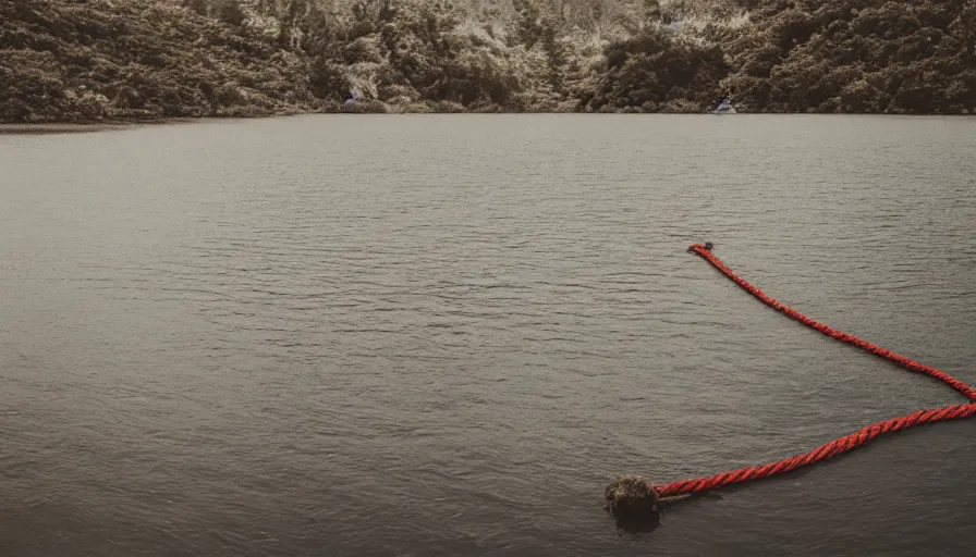 Image similar to wide shot of a rope on the surface of water, in the middle of a lake, overcast day, rocky foreground, 2 4 mm leica anamorphic lens, moody scene, stunning composition, hyper detailed, color kodak film stock