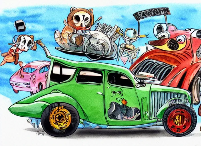 Image similar to funny, racoon riding in a tiny hot rod coupe with oversized engine, ratfink style by ed roth, centered award winning watercolor pen illustration, by chihiro iwasaki, edited by range murata