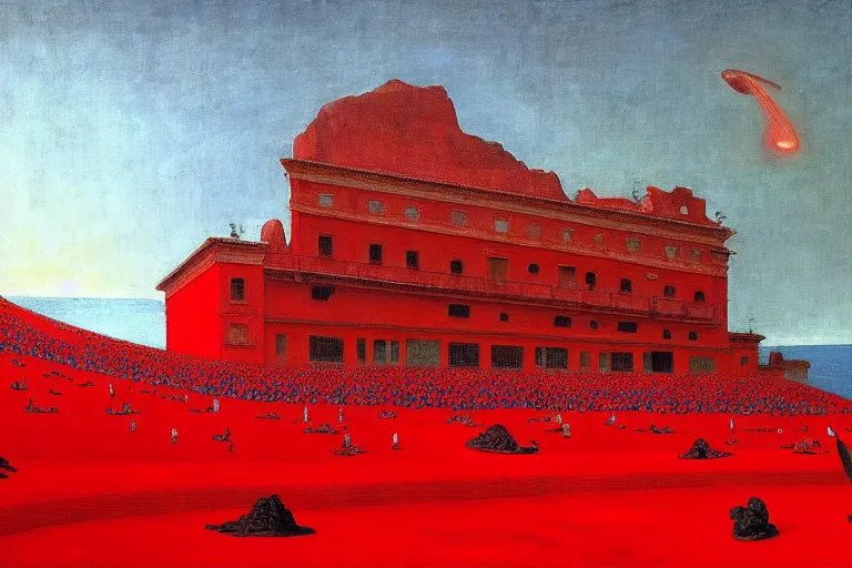 Image similar to only with red, a red melted emperor, taormina amphitheatre, crowd hails him happy, in the style of beksinski, parts by edward hopper, parts by rodcenko, parts by yue minjun, intricate and epic composition, red by caravaggio, insanely quality, highly detailed, masterpiece, red light, artstation, 4 k