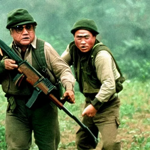 Image similar to Danny DeVito joins the VietCong, epic quality, dramatic, 8k, movie still, sharp focus