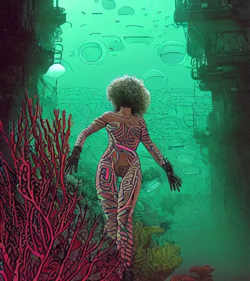 Image similar to a cyberpunk diver Polynesian woman swims through a dark bioluminescent alien coral reef, techwear, Industrial Scifi, detailed illustration, character portrait, by Martin Grip and Moebius