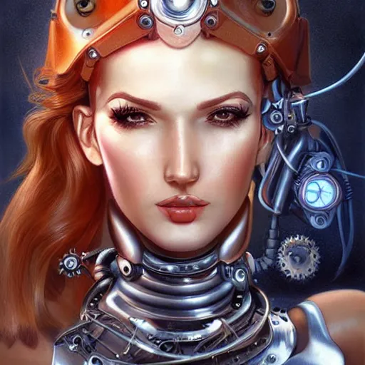 Prompt: retrofuturistic female android, steampunk, gears, detailed mechanical parts, painting by artgerm and julie bell