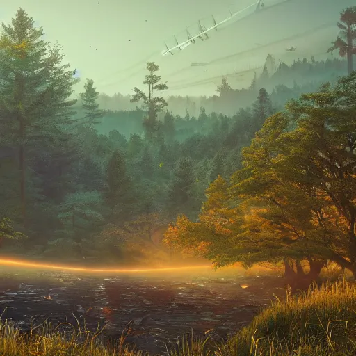 Prompt: scenery of a beautiful rural landscape at dawn with a big hovering steampunk space ship, in the style of simon stalenhag. light rays from the tree tops, small river on the ground, hypermaximalistic, high details, cinematic, 8 k resolution, beautiful detailed, insanely intricate details, artstation trending, octane render, unreal engine