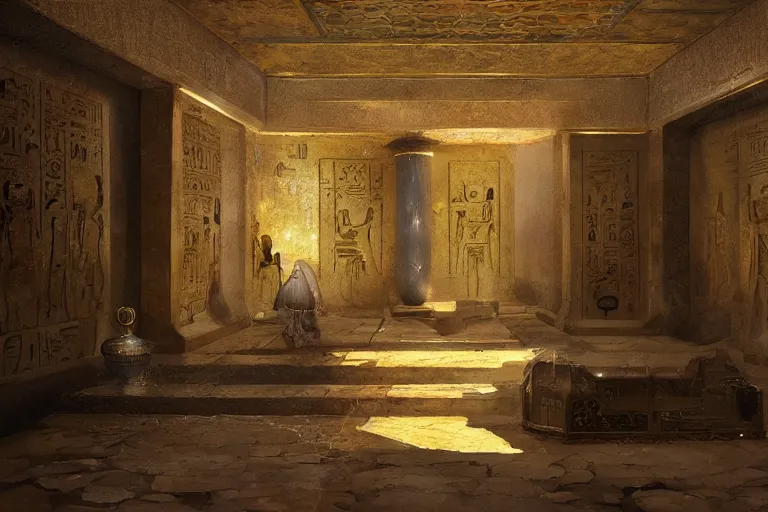 Image similar to egyptian tomb interior shiney gold and obsidian, beautiful painting, david roberts, greg rutkowski, james gurney, artstation.