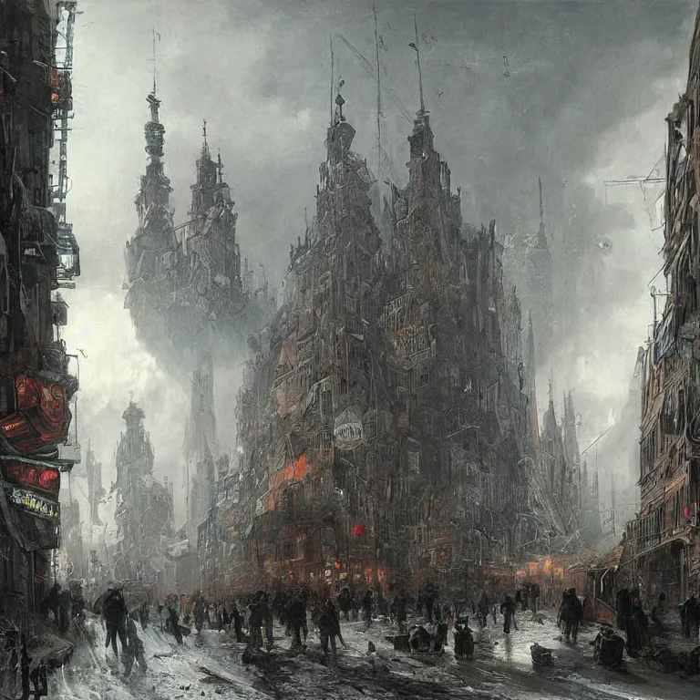 Image similar to cyberpunk depiction of the city of gdansk during arctic conditions by jan matejko