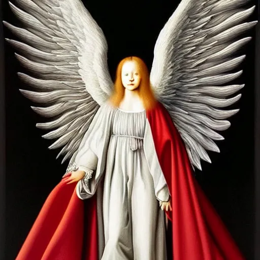 Image similar to highdetailed hyperrealistic painting of white angel!!! no gender smiling noface!!!, light instead of hands, white sparkles everywhere, 4 k hd face!!!, big silver high detailed wings!!!, renaissance, by jan van eyck, holography space, glow effect, large strokes, monochrome!!!!!