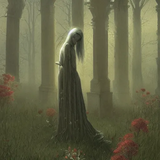 Image similar to The last spirit living in the cemetery, flowers, illustrated by Greg Rutkowski and Caspar David Friedrich