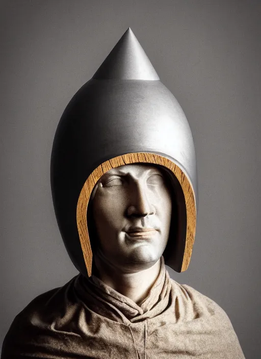 Image similar to realistic photo portrait of a a sculpture of medieval scientist ritual monk cone hat helmet made of wood, with plastic details detailed, electricity laser beam aura, sci - fi, greyscale 1 9 9 0, life magazine photo, natural colors,