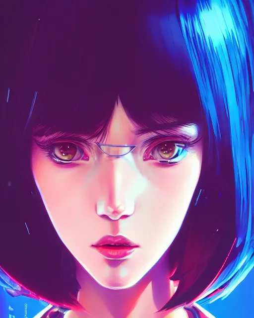 Image similar to a comic potrait of a cyberpunk cyborg girl with big and cute eyes, fine - face, realistic shaded perfect face, fine details. night setting. very anime style. realistic shaded lighting poster by ilya kuvshinov katsuhiro, magali villeneuve, artgerm, jeremy lipkin and michael garmash, rob rey and kentaro miura style, trending on art station