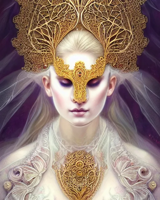 Image similar to beautiful ethereal maiden in a ivory masquerade mask intricate ornate fractal-lace and gemstones, wearing stunning ivory dress, ivory gold iridescent, full view, soft lighting, vivid, Hyperdetailed, 4k hd matte painting by Artgerm, Greg Rutkowski, Klimt, James Jean, 8k resolution, enchanting and otherworldly, Artstation, CGsociety, detailed, front view