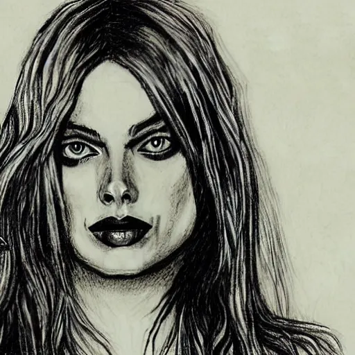 Image similar to grunge drawing of margot robbie in the style of the grudge