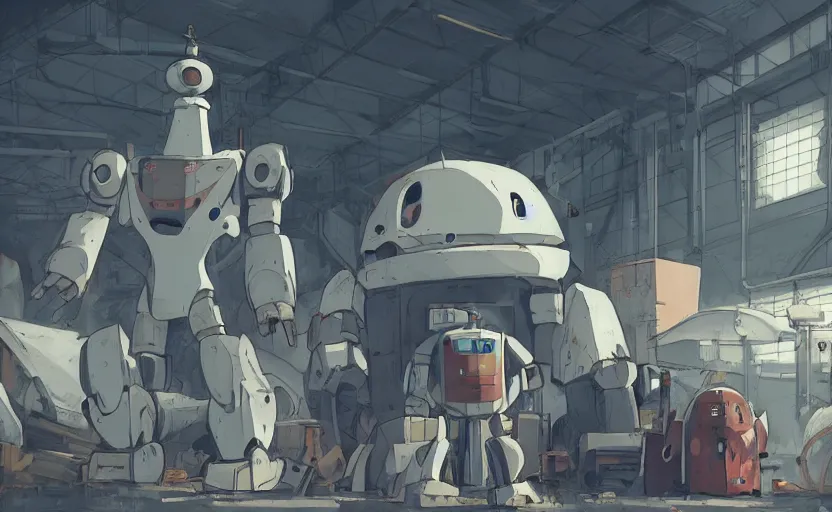 Image similar to a huge broken robot standing in a mess warehouse, artstation, studio ghibli, miyazaki, highly details