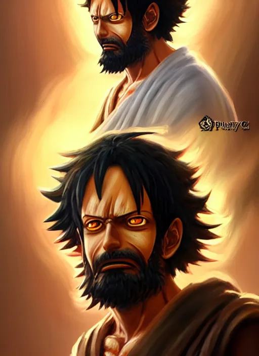 Prompt: luffy as _ fantasy _ style _ portrait _ painting _ of middle eastern male brown wavy hair beard, rpg dnd oil _ painting _ unreal _ 5 _ daz. _ rpg _ portrait _ extremely _ detailed _ artgerm _ greg _ rutkowski _ greg