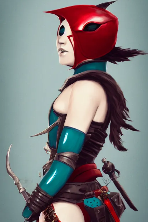 Image similar to female adventurer in tight full - body teal leather armor of japanese design with red accents and a white porcelain crow mask, trending in artstation, japanese, by wlop, establishing shot