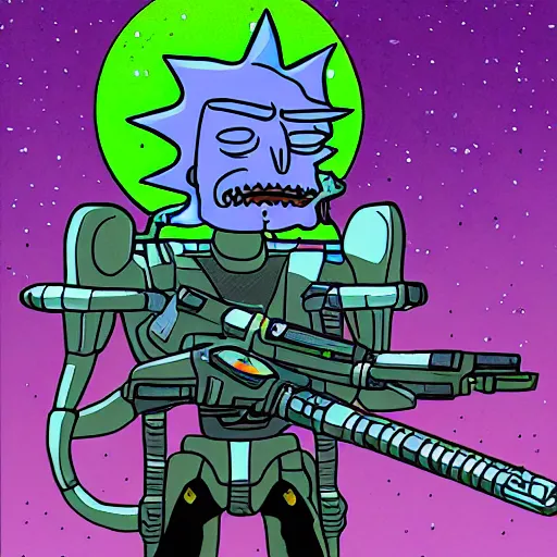 Image similar to portrait of alien rick holding a cybernetic rifle, rick and morty forever and forever a hundred years! g