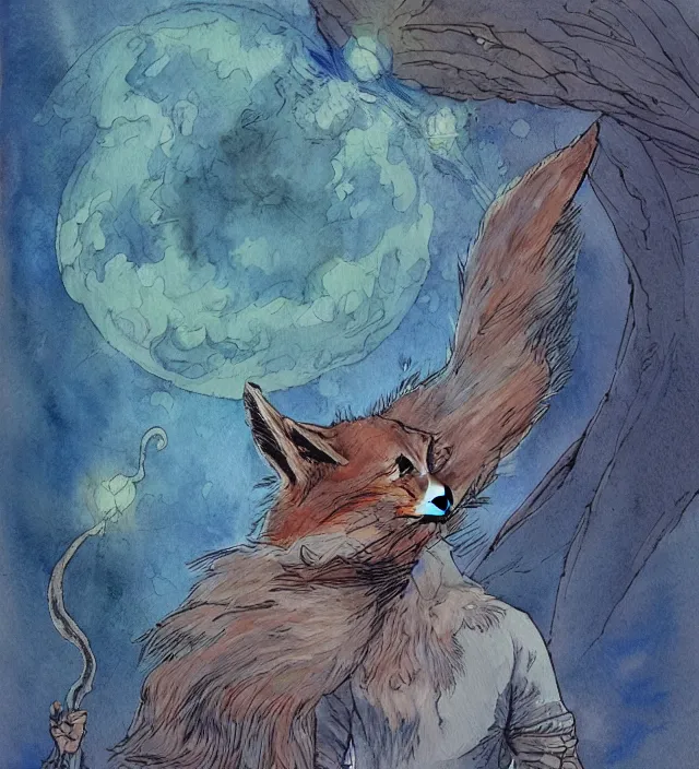 Image similar to a 3 / 4 view watercolor ink painting of a humanoid fox sorcerer / wizard casting a spell in the style of jean giraud in the style of moebius trending on artstation deviantart pinterest detailed realistic hd 8 k high resolution