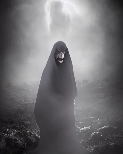 Prompt: an evil frightening creepy smooth detailed 8 k hi res 8 0 mm photo editorial magazine photo shoot of the ghost called shadow eater a demon vampire wearing heavy robes and showing his multiple layers of fangs god rays misty atmospheric dawn volumetric lighting cinema 4 d hassleblad future alien floating in galaxy 1 9 4 0 s monster