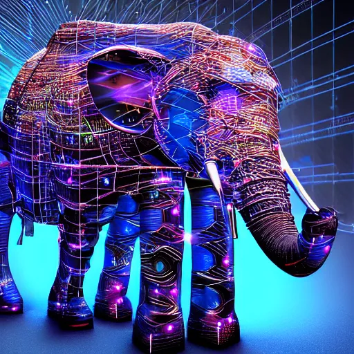 Image similar to hyper realistic cybertronic elephant. high details of body and face. complex realistic mechanical body. blue led. cyberpunk style, intricate, trending on art station, 8 k render.