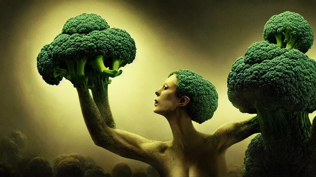 Image similar to the broccoli creature, film still from the movie directed by denis villeneuve and david cronenberg with art direction by salvador dali and karol bak, wide lens