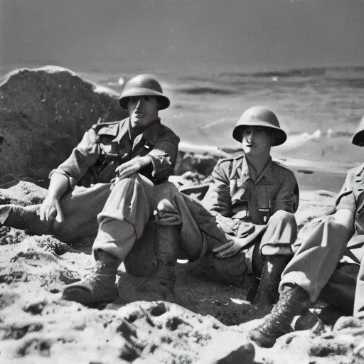Prompt: ww 2 soldiers at the beach, relaxing, camp fire, detailed, high resolution