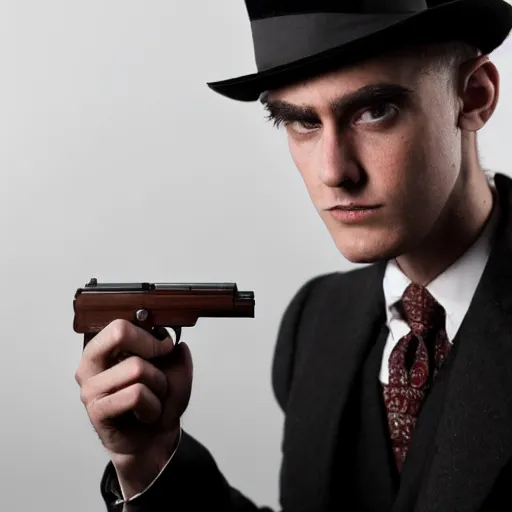 Image similar to Photograph of a man with a stern look dressed in a 1920s attire. He is pointing a gun and seems mentally unstable. 4K, dramatic lighting