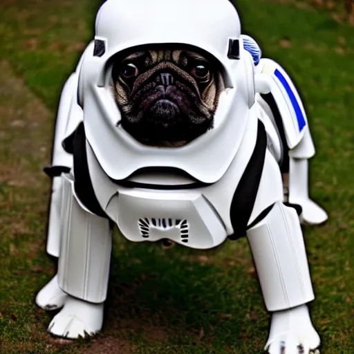 Prompt: a pug wearing stormtrooper armor, photo, detailed