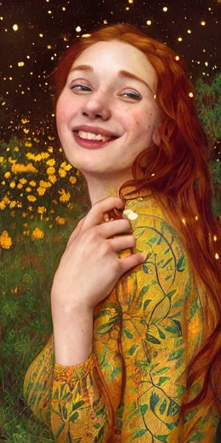 Image similar to a totally enraptured smiling young woman surrounded by golden firefly lights in a mesmerizing scene, sitting amidst nature fully covered, intricate detailed dress, long loose red hair, precise linework, accurate green eyes, small nose with freckles, smooth oval head, expressive emotions, hyper realistic ultrafine portrait by artemisia gentileschi, jessica rossier, artgerm