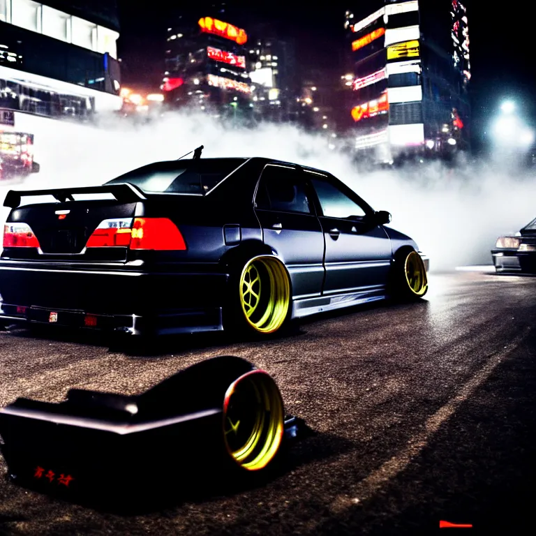 Image similar to a car JZX90 twin turbo drift at illegal car meet, Shibuya prefecture, city midnight mist lights, cinematic lighting, photorealistic, highly detailed wheels, high detail