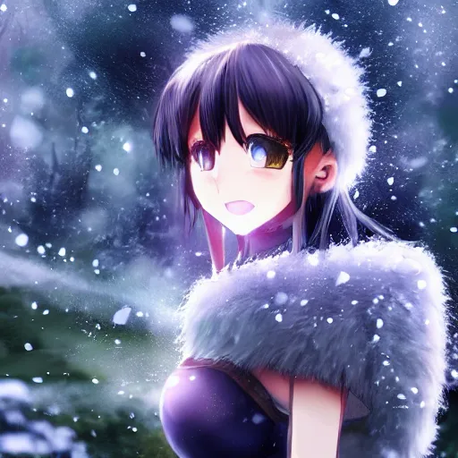 Prompt: portrait focus of knight beautiful 3D anime girl, fluffy armor wearing, dark forest background, snowing, bokeh, inspired by Masami Kurumada, digital painting, high contrast, unreal engine render, volumetric lighting, high détail