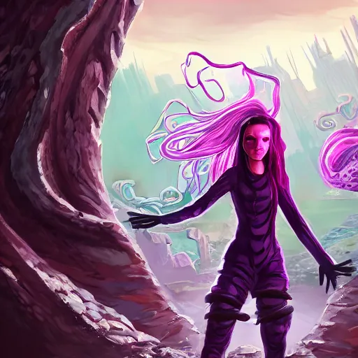 Prompt: artstation young teen with purple eyes and tentacles on her head in fury, in post-apocalyptic landscape, in glass town, upward view