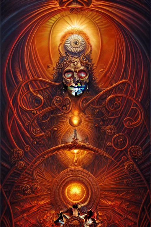 Image similar to A beautiful detailed orixa sun godness, tarot card, by tomasz alen kopera and Justin Gerard, symmetrical features, ominous, magical realism, texture, intricate, ornate, royally decorated, skull, skeleton, whirling smoke, embers, red adornements, red torn fabric, radiant colors, fantasy, trending on artstation, volumetric lighting, micro details, 3d sculpture, ray tracing, 8k, anaglyph effect