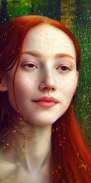 Image similar to infp young woman, smiling, amazed by golden fireflies lights, sitting in the midst of nature fully covered, long loose red hair, intricate linework, green eyes, small nose with freckles, oval shape face, realistic, expressive emotions, dramatic lights, hyper realistic ultrafine art by artemisia gentileschi, albert bierstadt, artgerm