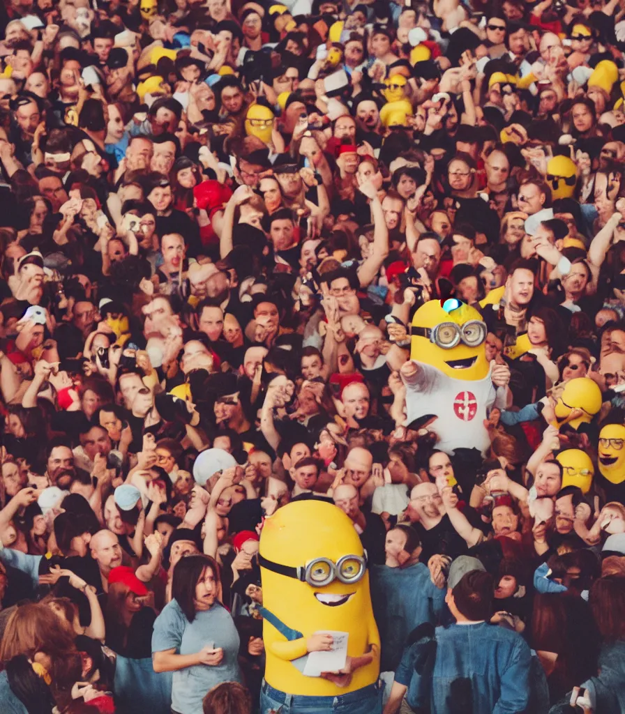 Image similar to one minion surrounded by an angry crowd of humans. the minion is bleeding red blood. a large wooden cross is in the background. kodak gold 2 0 0,