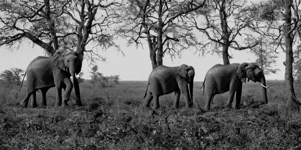 Image similar to photo of an elephant with trees growing from it top spine, in the background, a dead field of cut down trees