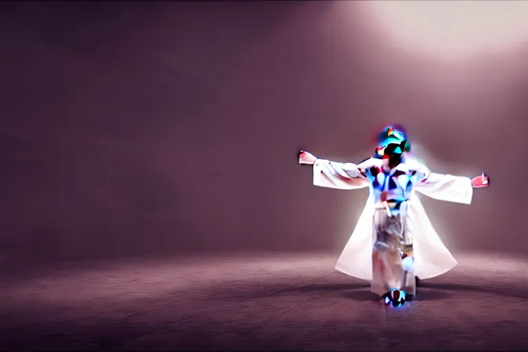 Image similar to jesus christ wearing a white robe strikes a dance pose in the apocalypse, intricate, hyper detailed, accent lighting, dramatic light, 4 k octane render